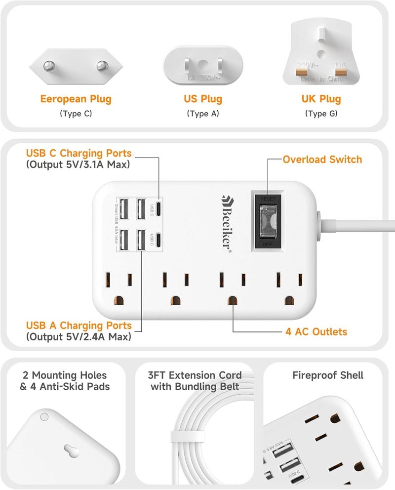 Beeiker European Travel Plug Adapter, US to Europe Travel Power Strip with 6 USB(2 USB C) 4 Outlets, International Universal Travel Power Adapter with 3ft Extension Cord for EU UK France Italy Germany Cruise - Image 5